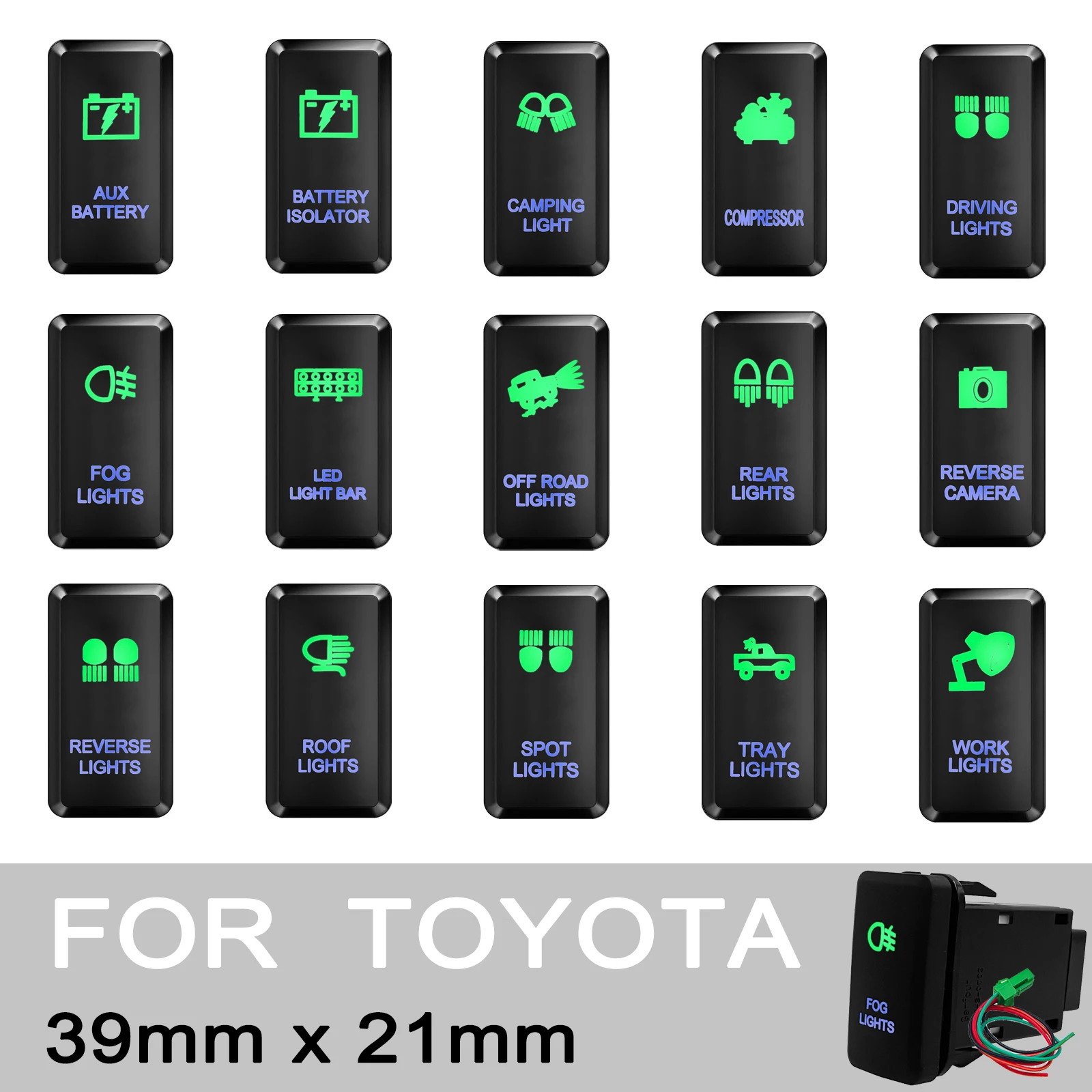 

12V 3A Green Blue Backlit Car Push Switch Latching ON-OFF Button with Wiring Connector for Toyota FJ Cruiser 4Runner