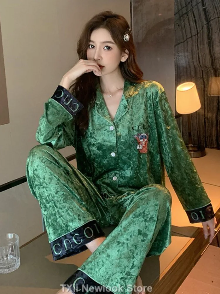 TXii Autumn and Winter New Green Gold Velvet Pajamas Women\'s Set Korean Velvet Hair Trousers Home Clothes V-Neck High-end