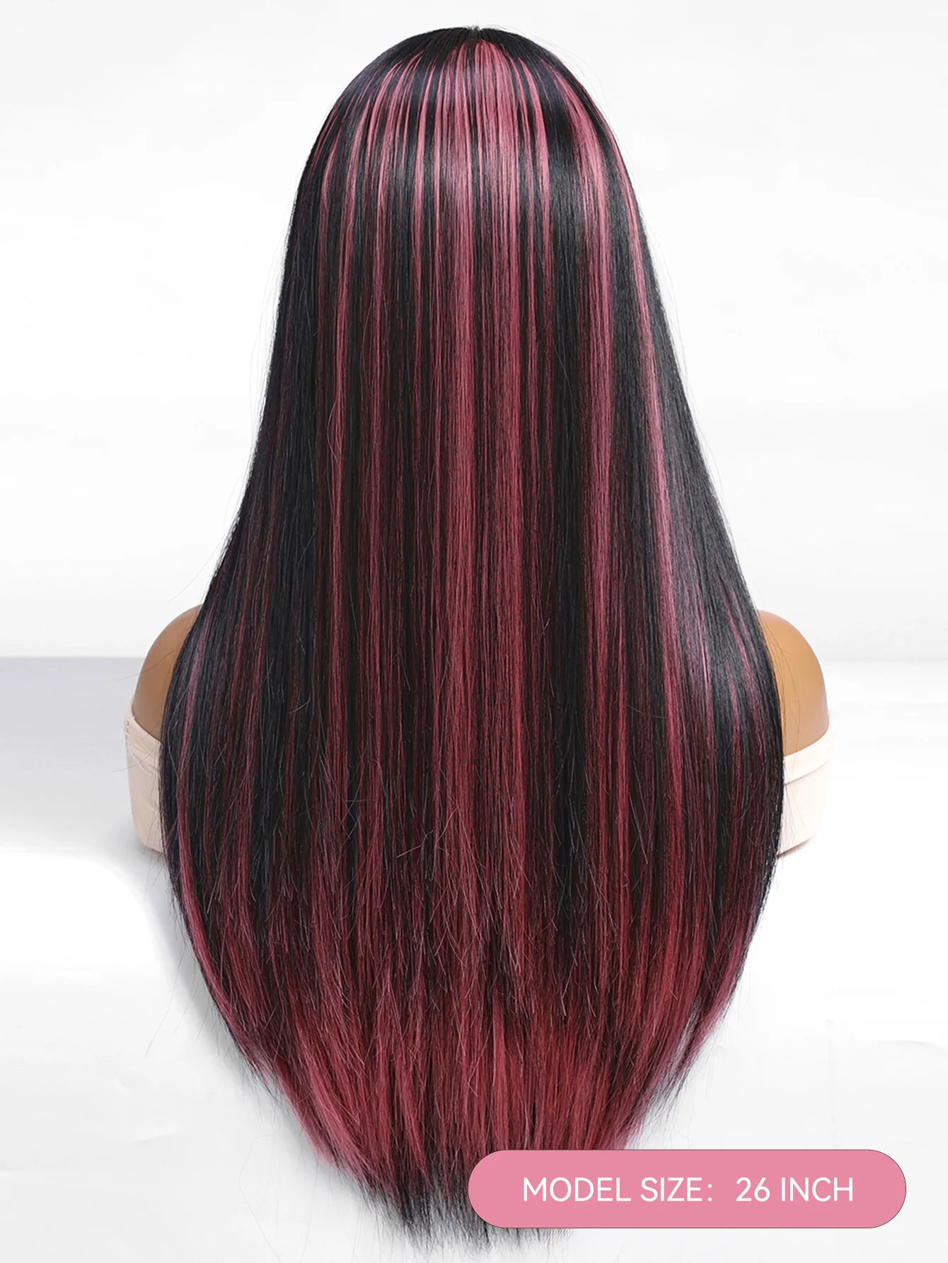 Schwarze Highlight-Rosa-Synthetik-Perücke mit Pony, lange gerade schwarze Highlight-rote Perücke für Frauen, Cosplay, Party, Weihnachten, 66 cm – Detail 4