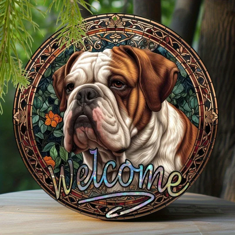

1pc 8x8In Spring Metal Sign Faux Stained Glass Round Wreath Decor Sign Office Decoration Mothers Gifts Bulldog Theme Decoration