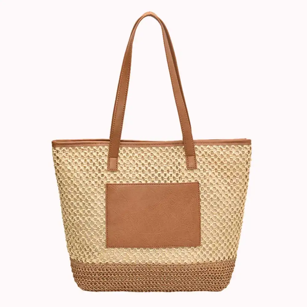 

Women Straw Tote Handbag PU Patchwork Crochet Beach Handbag Contrast Color Minimalist Tote Bag Ladies Summer Daily Bag