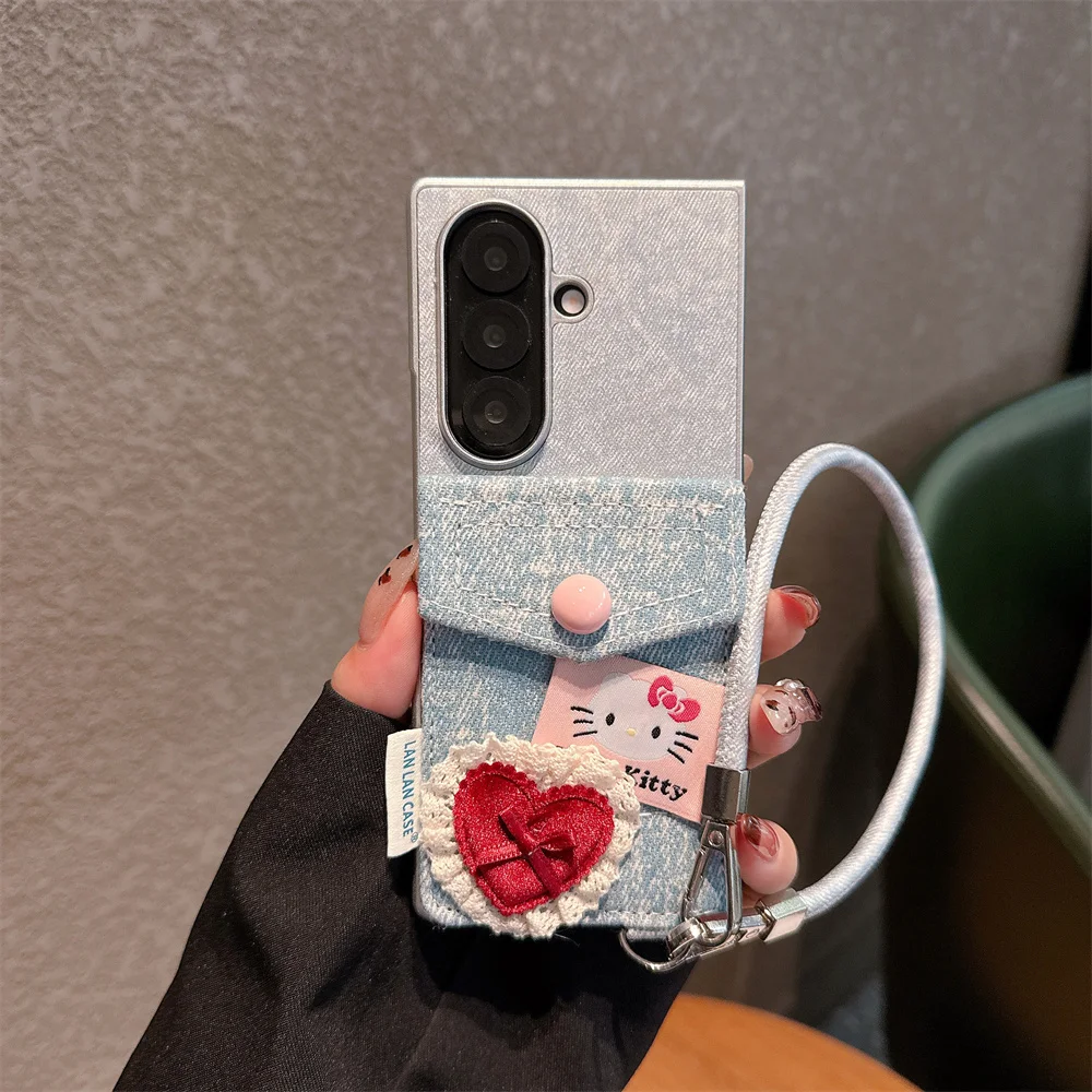 

Fashion leather denim plush love Hellokitty phone case for Samsung Galaxy Z Fold 7 6 fold 6 5 Fold 4 3 Fold 5 7 covers cute Case