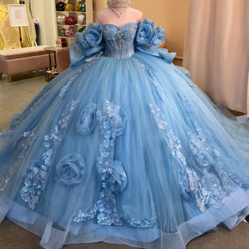 

Blue Quinceanera Dresses Off the Shoulder Glitter 3D Flower Decal Lace Long tail Bow Vestidoe 15 Quinceanera Customize