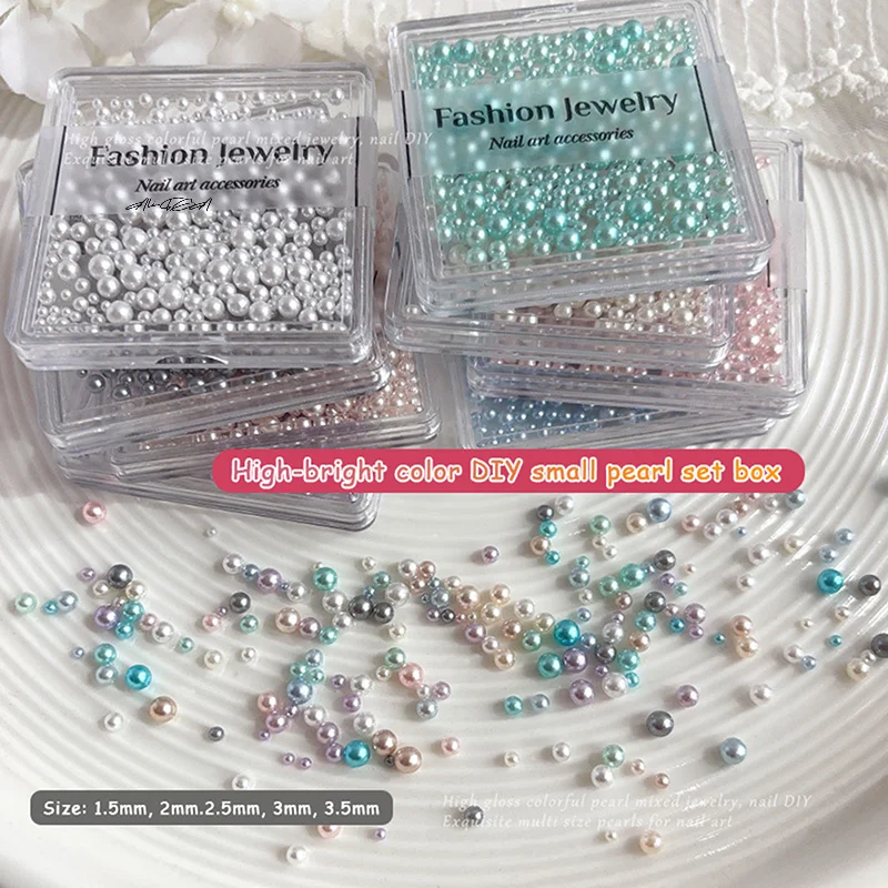 Colorful Pearl Nail Decorations Mixed Size 3D Multicolor round Pearls Shiny Manicure Nail Art Charms Box Set for DIY Nail Art
