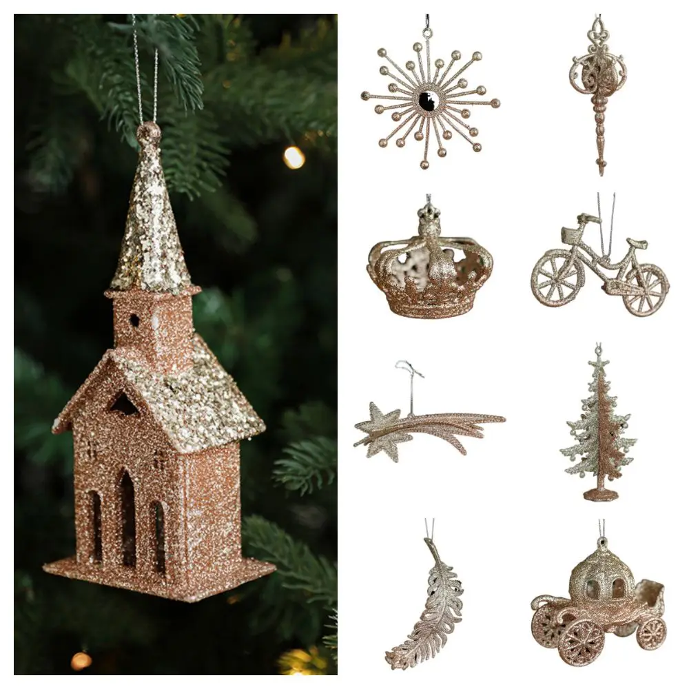 Gold Christmas Hanging Decoration Shimmering House Bike Hanging Pendants Shopwindow Party Supplies Xmas Baubles Scene Making