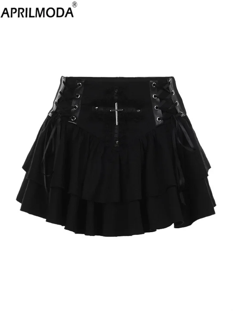 2024 Punk Summer Mini Ruffle Cake Casual Black Skirt Sexy Harajuku All Match Aesthetic Vintage Cosplay Gothic Skirts