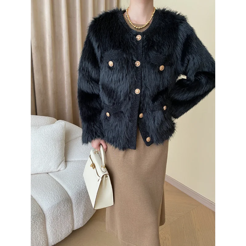 Luxury Fashion Fake Fur Women Coat Small Fragrant Tweed Stitching Fur Round Neck White Pink Black Female Coat Autumn Winter 1677