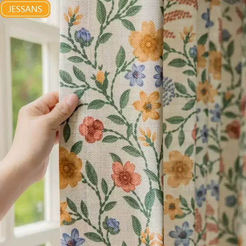 American Rustic Botanical Flower Cotton and Linen Printed Curtains for Bedroom Living Room Floating Window Curtains Customised