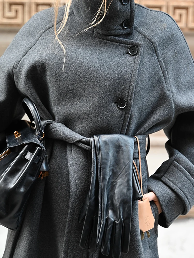 

Elegant Lace Up Long Overcoats For Women Turtleneck Full Sleeve Single Breasted Pocket Coats 2025 Autumn Female Casual Outerwear