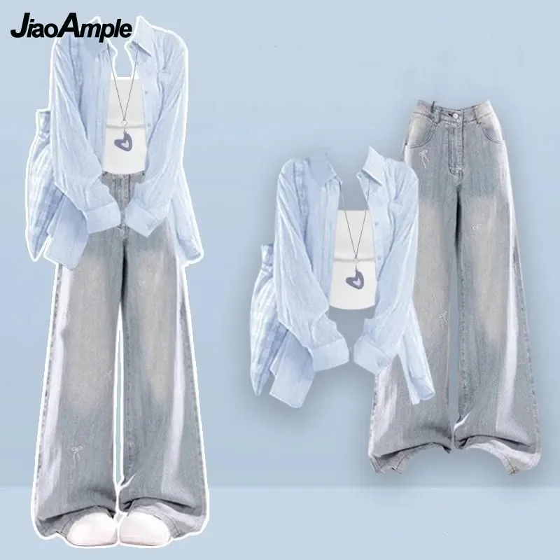 

Women 2025 Summer Autumn New Long Sleeve Sunscreen Shirt+Strap+Denim Pants 3-Piece Set Korean Elegant Cardigan+Casual Jeans Suit