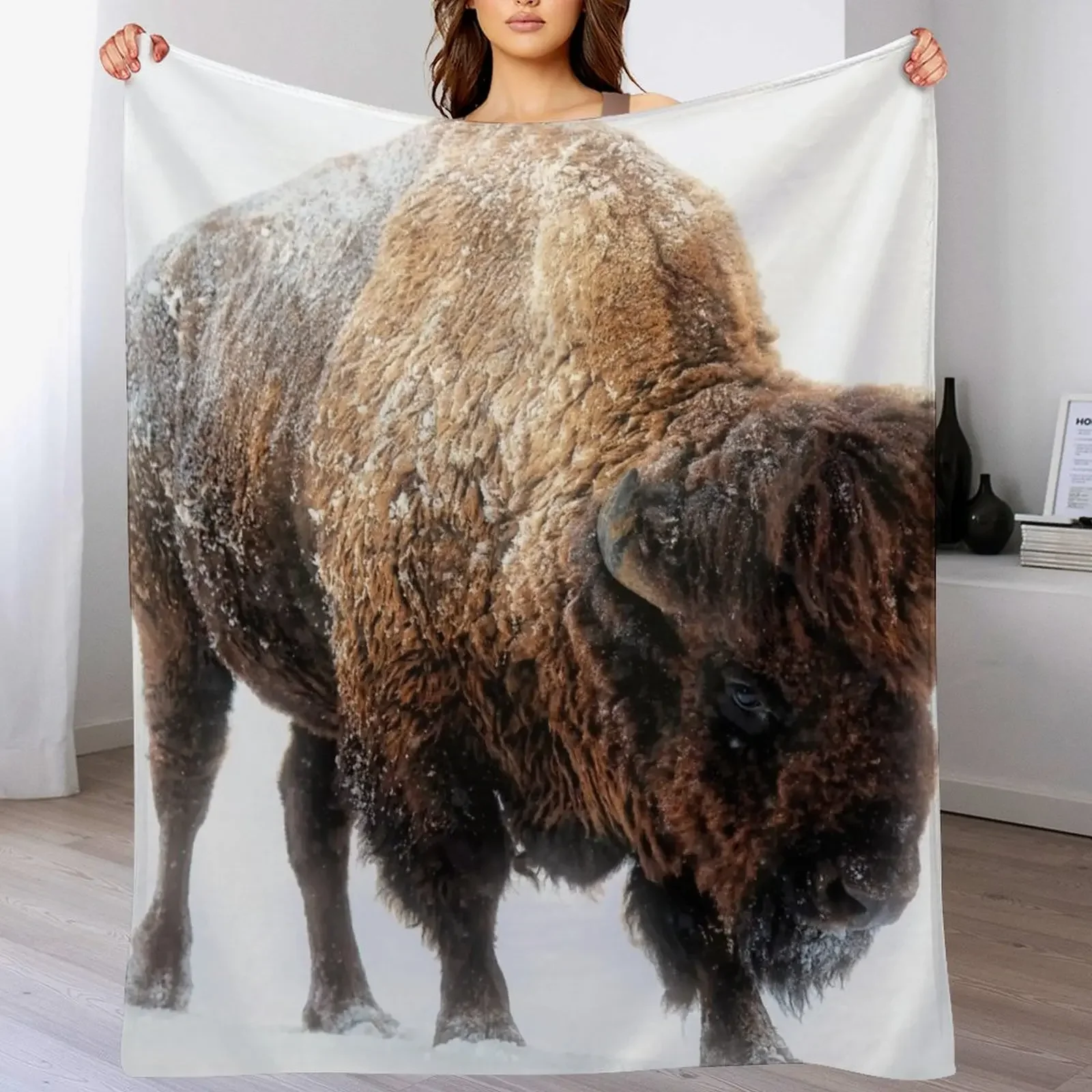 

An American Bison Moves Through a Winter Snowstorm Throw Blanket wednesday Thins Furrys Nap Blankets