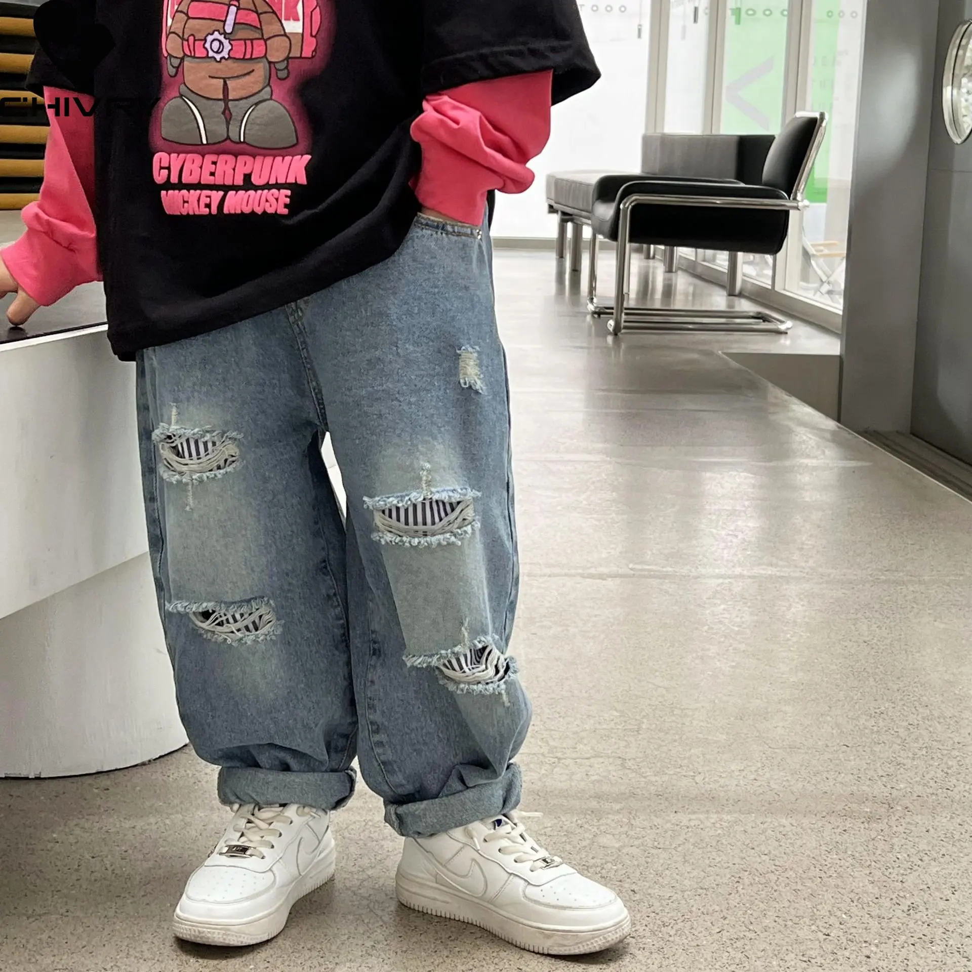 

New 2023 Kids Fashion Solid Ripped Jeans Pants Boys Classic Denim Long Trousers Casual Jeans Children Spring Autumn Clothing