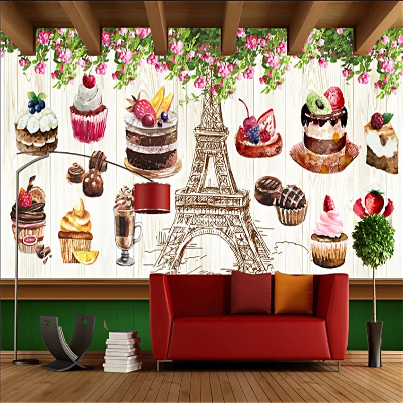 

Custom European and American Retro Hand-painted Dessert Store Cake Shop Flower Background Mural Wallpapers Baking Wall Paper 3D