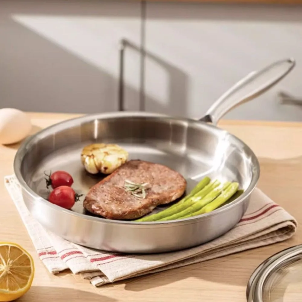 

Easy To Clean Uncoated Stainless Steel Frying Pan Nonstick Flat Bottom Frying Wok Universal Thickened Fried Steak Pot Home
