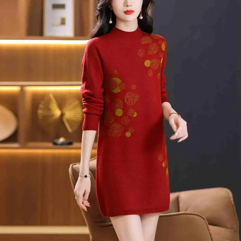 

Шерстяное платье с полувысоким воротником, женское платье средней длины, новый жаккардовый стильный универсальный осенне-зимний теплый вязаный нижний слой, толстый