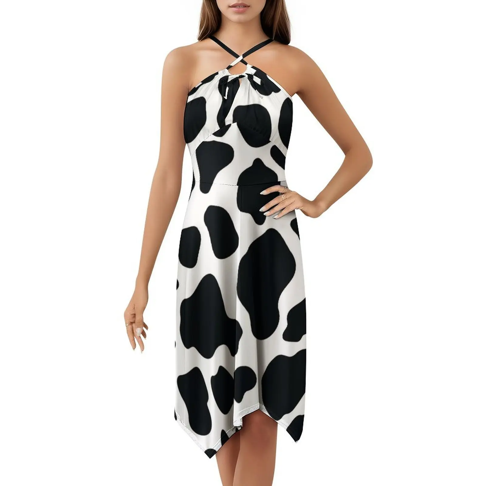 Cow Print Korean Style Casual Dress For Women Simple Daily Office Lady Dresses Cow Cow Spots Cow Pattern Black And Women's Dress