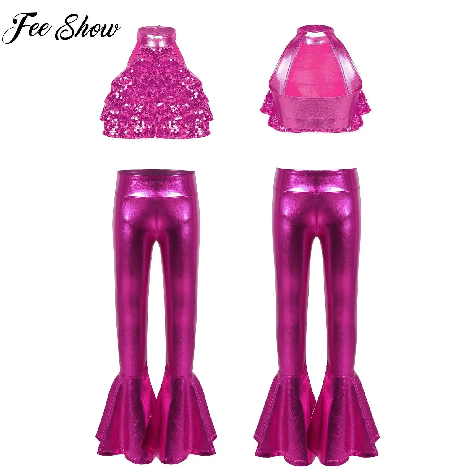 أطفال الجاز اللاتينية الرقص الزي للفتيات التانغو تشا تشا سامبا أداء Dancewear بلا أكمام لامعة الترتر عارية الذراعين المحاصيل الأعلى + السراويل