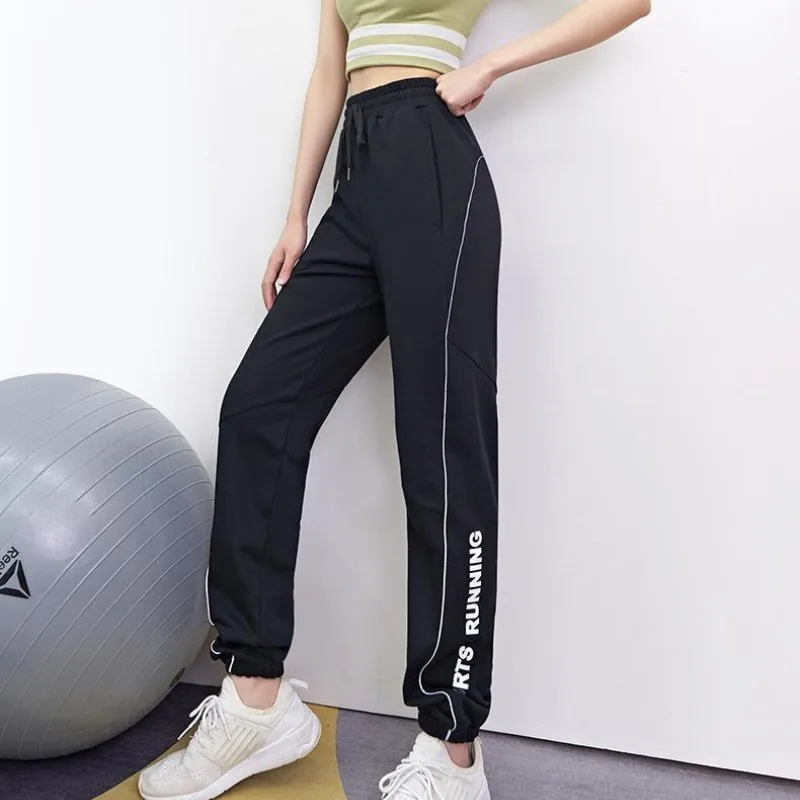 Women\'s Spring Summer Elastic High Waist Letter Drawstring Printing Solid Pockets Tied Lantern Harlan Casual Sports Pants