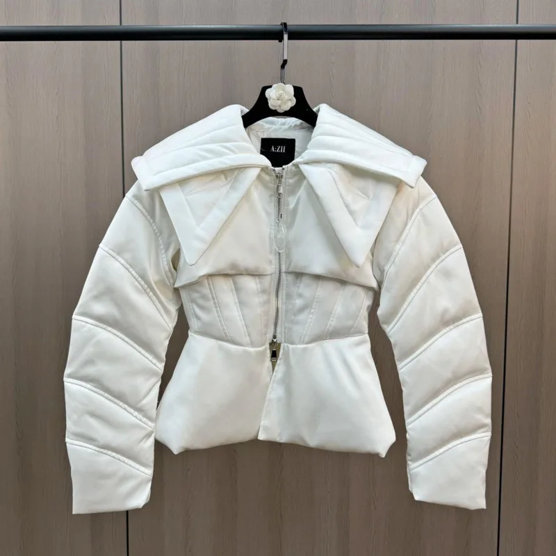 HKSH 2025 شتاء جديد المرأة أسفل معطف بدوره إلى أسفل طوق طويلة الأكمام سستة الخصر Cinching أنيق أنيق سترة منفوخة HK15236