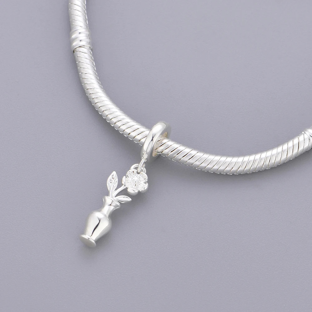 Fit Pandora Original Design Plant Flower Exquisite Bead Pendant DIY Bracelet Jewelry Gift Copper Material Plated Bright Silver