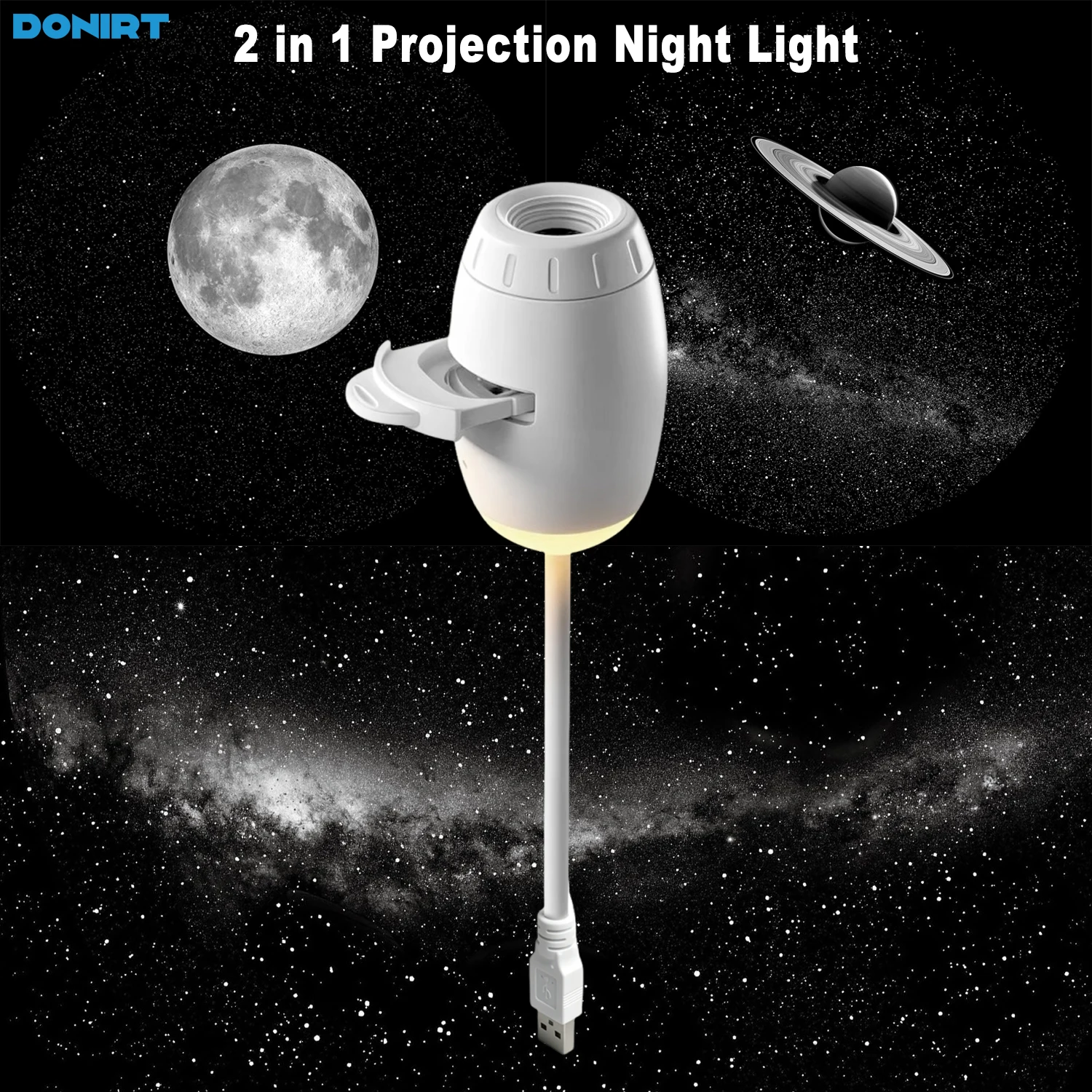 Lâmpada de Projeção USB 2 em 1 com Foco Manual, Projetor de Luz, Luz Ambiente para Carro, Luz Noturna Romântica com Estrelas, Saturno e Galáxia