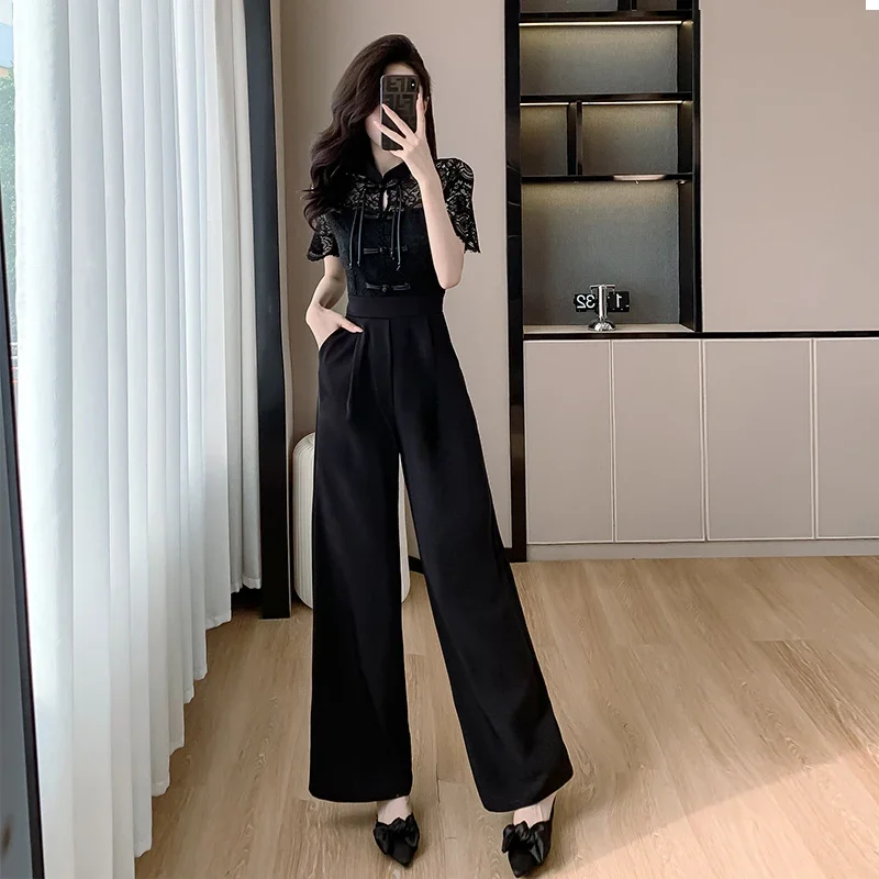 

Chinese Cheongsam Collar Women Jumpsuits 2024 Summer Short Sleeve Wide Leg Overalls Casual Lace Patchwork Draped Rompers