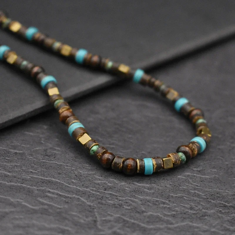 Natural Coconut Shell Bead Necklace Retro Cube Metal Beads Tribal Punk Rock Handmade Jewelry For Men Women Gift