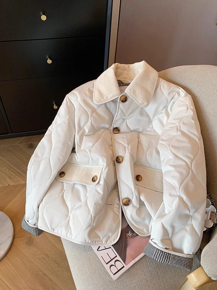 

Новое хлопковое пальто с воротником для женщин, осенне-зимняя модная стильная теплая хлопковая куртка, однобортный дизайн, универсальный свободный белый цвет