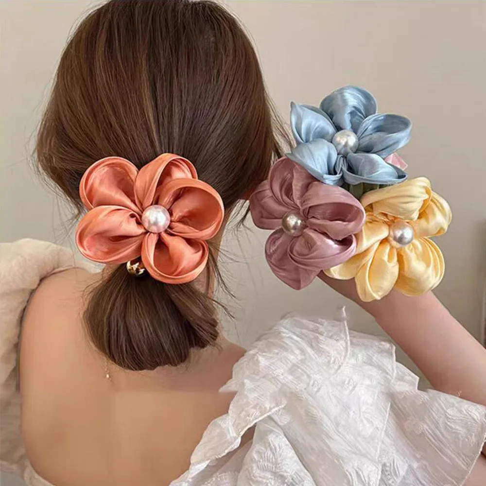 Accesorios para el cabello de moda, cuerda para el cabello con perlas y flores grandes, Anillo para el cabello de alta elasticidad, coleteros,