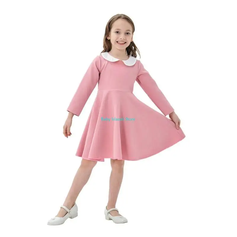 

K92D Classical Long Sleeve Dress Doll Neckline for Girls Soft Fabric Feature Dresses for Fall Winter School and Family Event