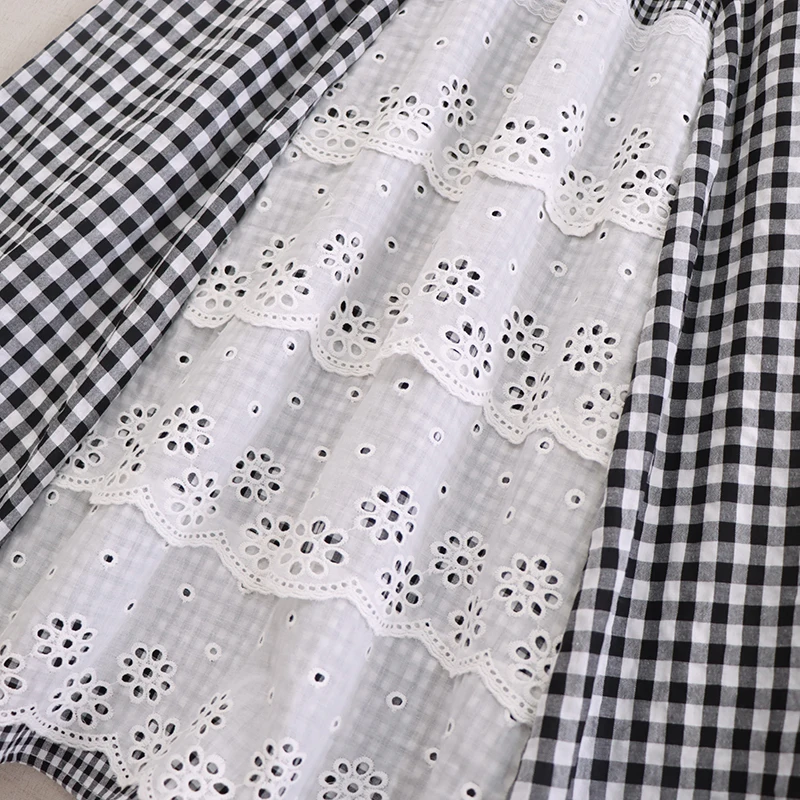 Japanese Mori Girl Vintage Plaid Lace Patchwork Asymmetric Skirts Women Spring New Elastic Waist Casual Loose A-Line Skirts