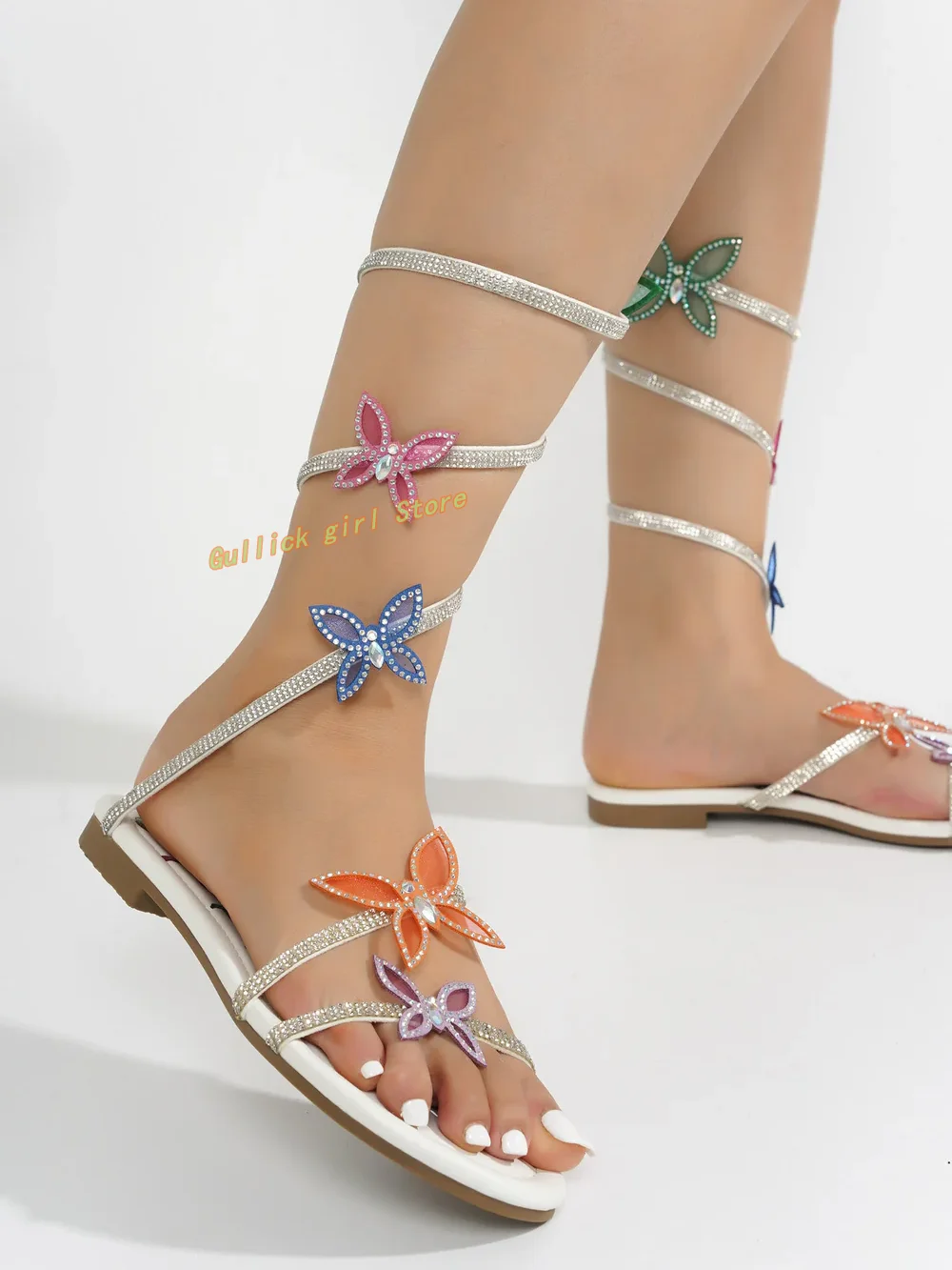 Flat Wrap-around Butterfly Decor Sandals Open Toe Crystal Fashion 2024 Summer Women Dress Shoes Twine Newest Dress Shoes