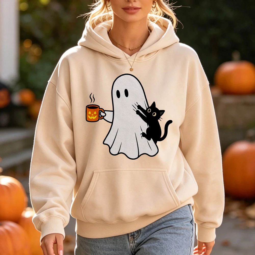 Ghost Black Cat Coffee Print Halloween Hoodie Spooky Season Graphic Pullover Women Fall Holiday Daily Wear Top Hoodies Women