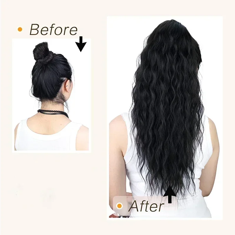 Long Wavy Drawstring Clip on Ponytail Hair Extension for Women Synthetic Natural Curly Ponytail Black Blonde Burgundy Pony Tail