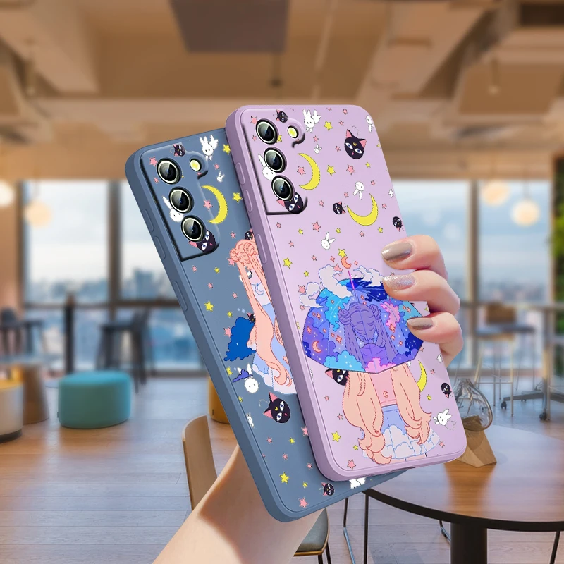 

Cute Sailor Moon Gril For Samsung Galaxy S21 S22 Pro S20 FE S10 Note 20 10 Plus Lite Ultra Liquid Silicone Rope Phone Case