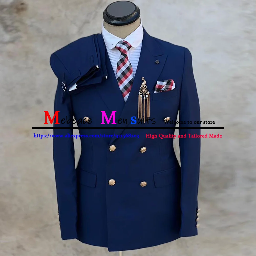 Latest Navy Blue Mens Suit Slim Fit Men Wedding Suits Tuxedo Double Breasted Business Suits 2 Piece Blazers Set Terno Masculino