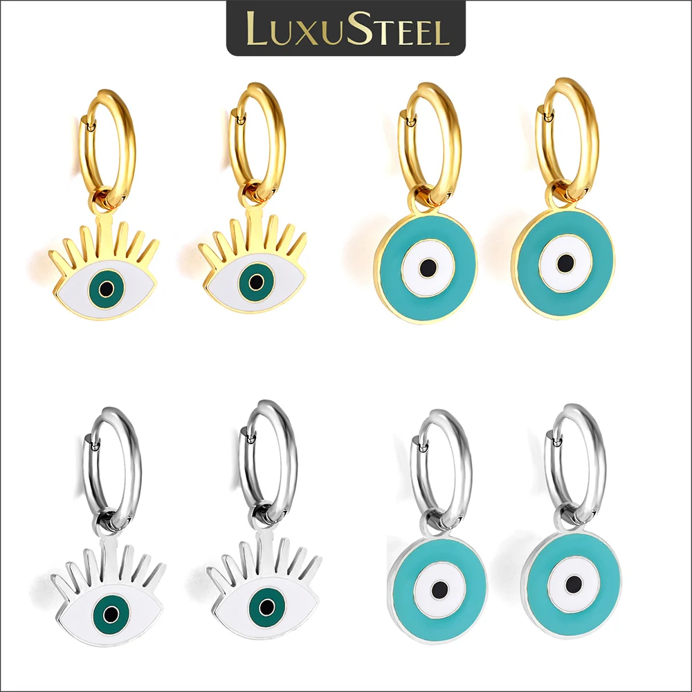 LUXUSTEEL New Design Green White Turkish Evil Eye Drop Hoop Earrings For Women Girls Stainless Steel Bohemian Trendy Ear Jewelry