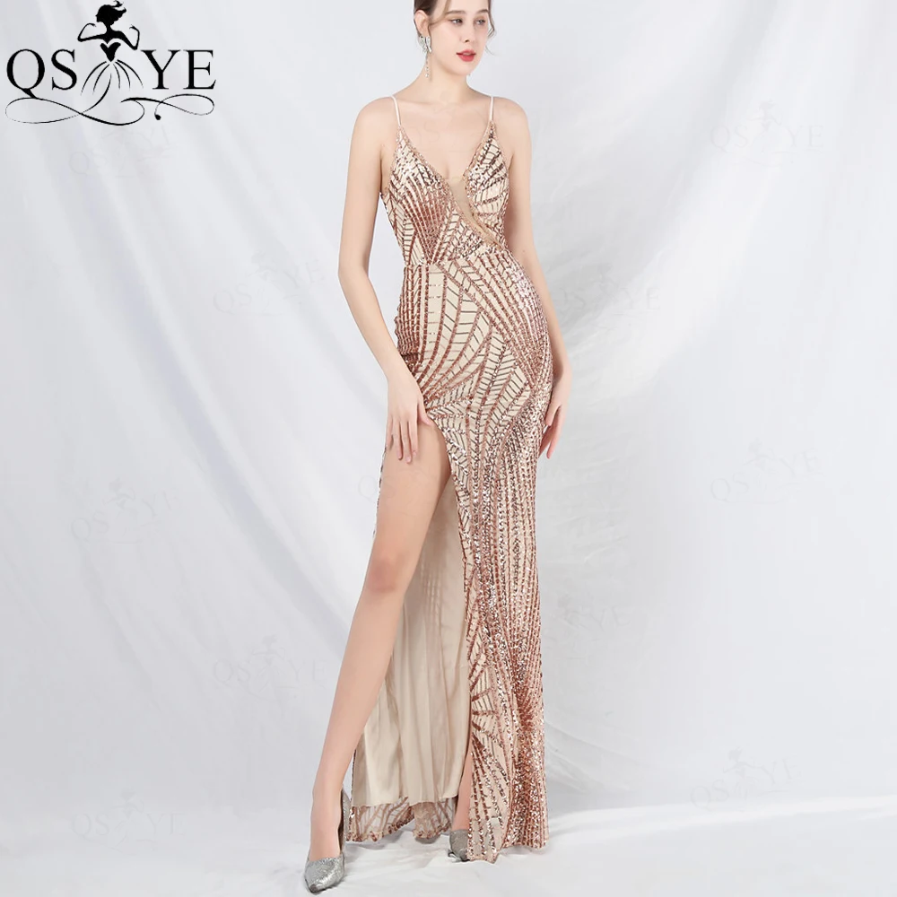 Crystal Bead Keyhole Golden Evening Dresses Spaghetti Straps V neck Spider Sequin Prom Gown Web Lace Slit Girl Gold Party Dress