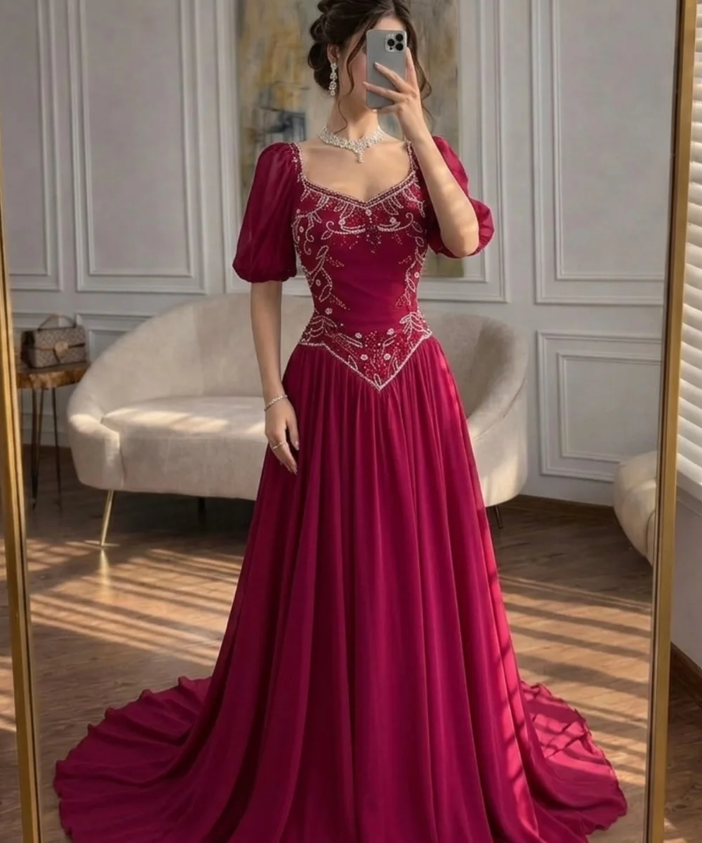 Customized Classic Chiffon Pleat Sequined Pattern A-line Square Neck Long Bespoke Occasion Homecoming Dresses Matching