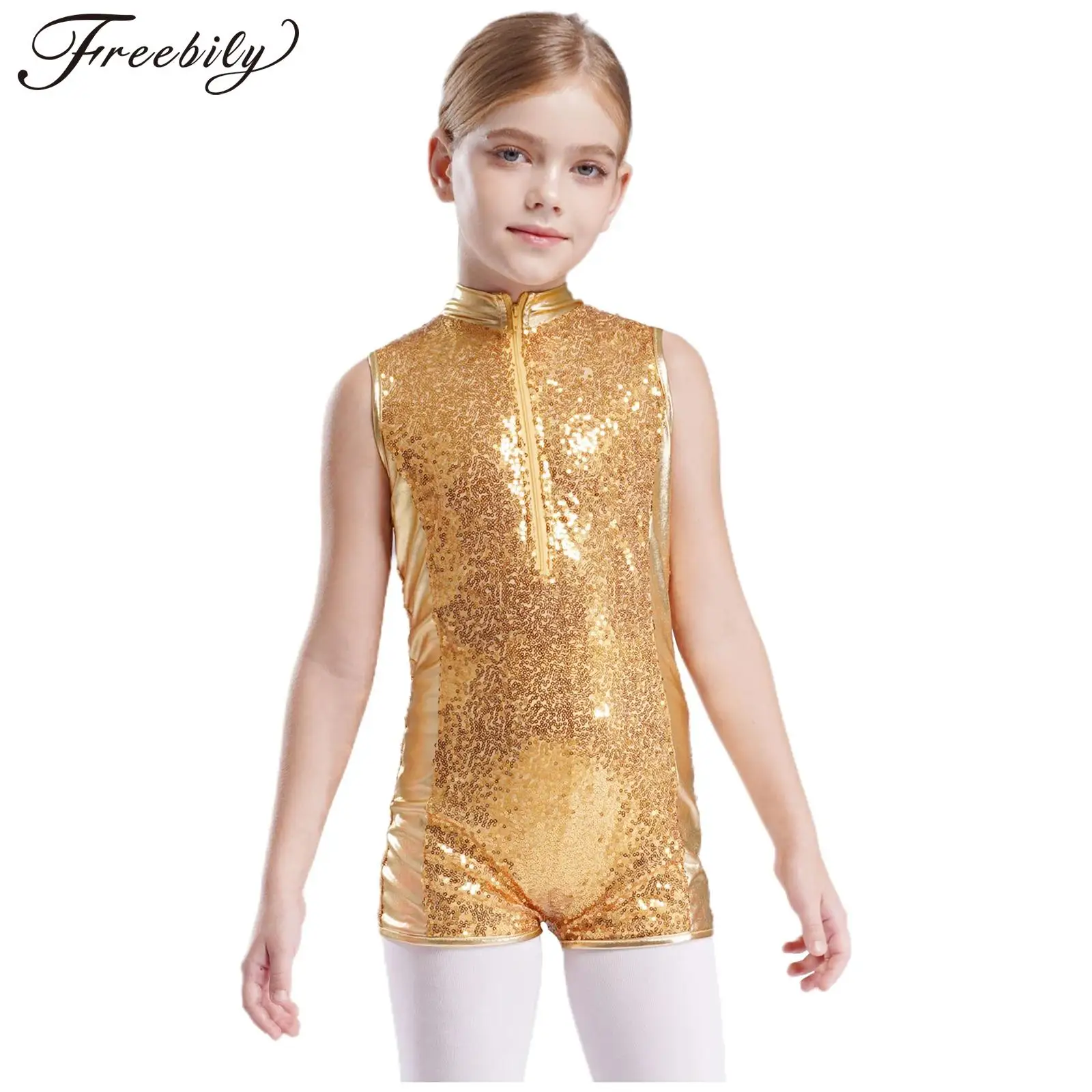 

Kids Girls Shiny Sequins Gymnastics Leotard Bodysuit Sleeveless Metallic Figure Skating Ballet Dance Sport Unitard Dancewear