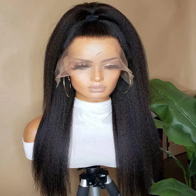 Kinky Straight Soft Glueless Lace Frontal Wig para Mulheres Negras, 26 "Long Black Yaki Cabelo Do Bebê, Preplucked, Daily Cosplay