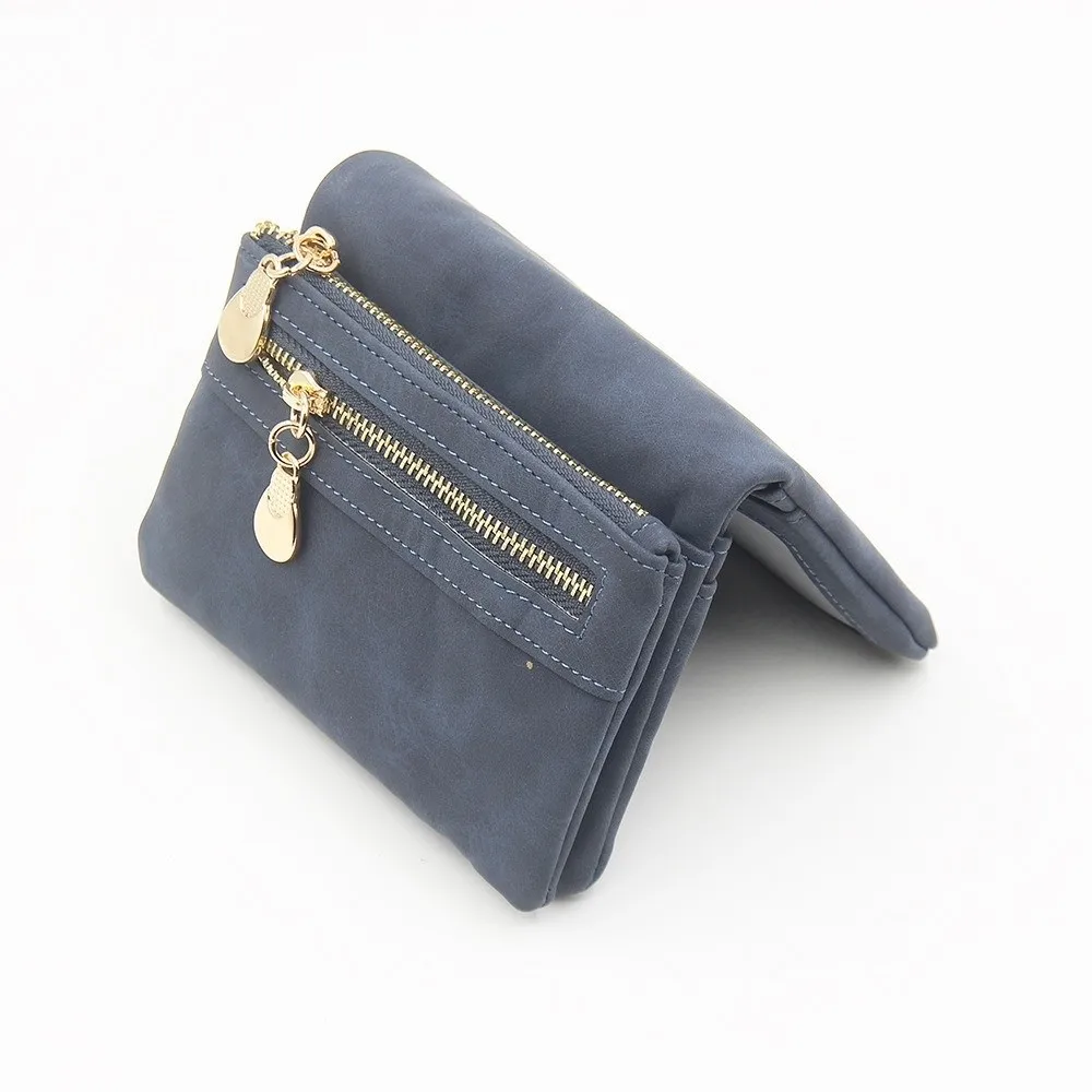PU Leather Double Zipper Purse Frosted Finish ID Card Window Folding Wallet Coin Pocket Multiple Card Slots Wrist Bag Casual Use