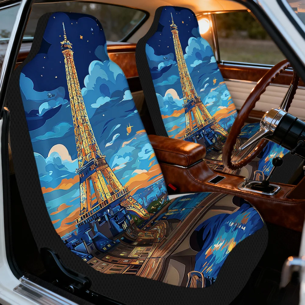 2pcs Eiffel Tower Nightscape Style Car Seat Covers | Comfortable, All Season Use, Universal Fit, Polyester Fiber, Machine Washab