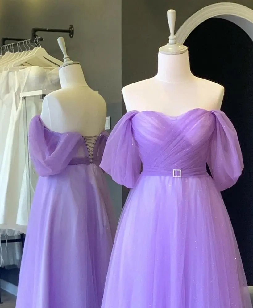 Long Evening Gowns for Women 2026 Graduation Dress Bridesmaid Dress Glitter Tulle Prom Dresses Off The Shoulder Sweetheart Puffy