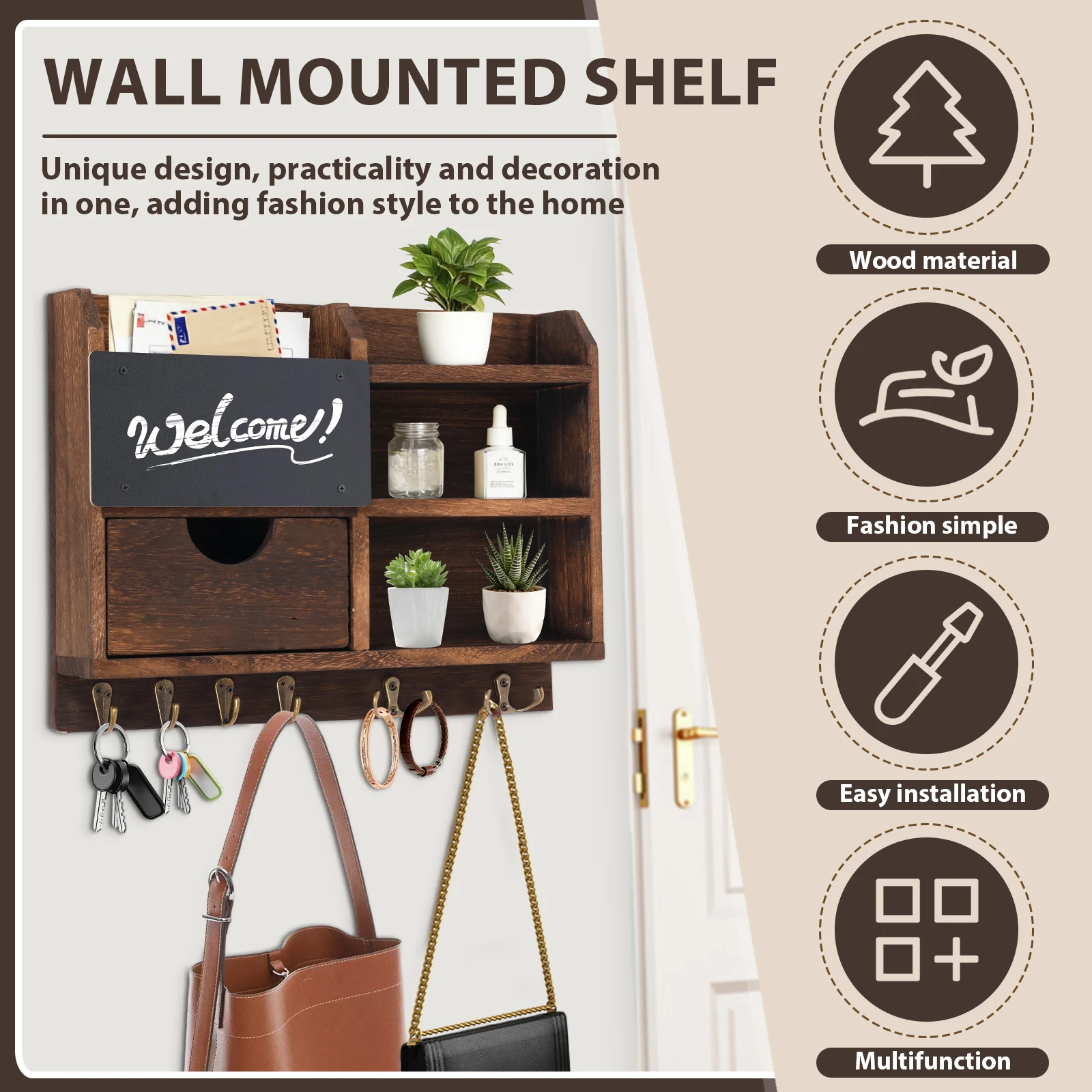 Wall Mounted Key Rack and Mail Organizer with 8 Hook and Chalkboard Entryway Decor Rustic Wooden for Hanging Coats Dog Leashes
