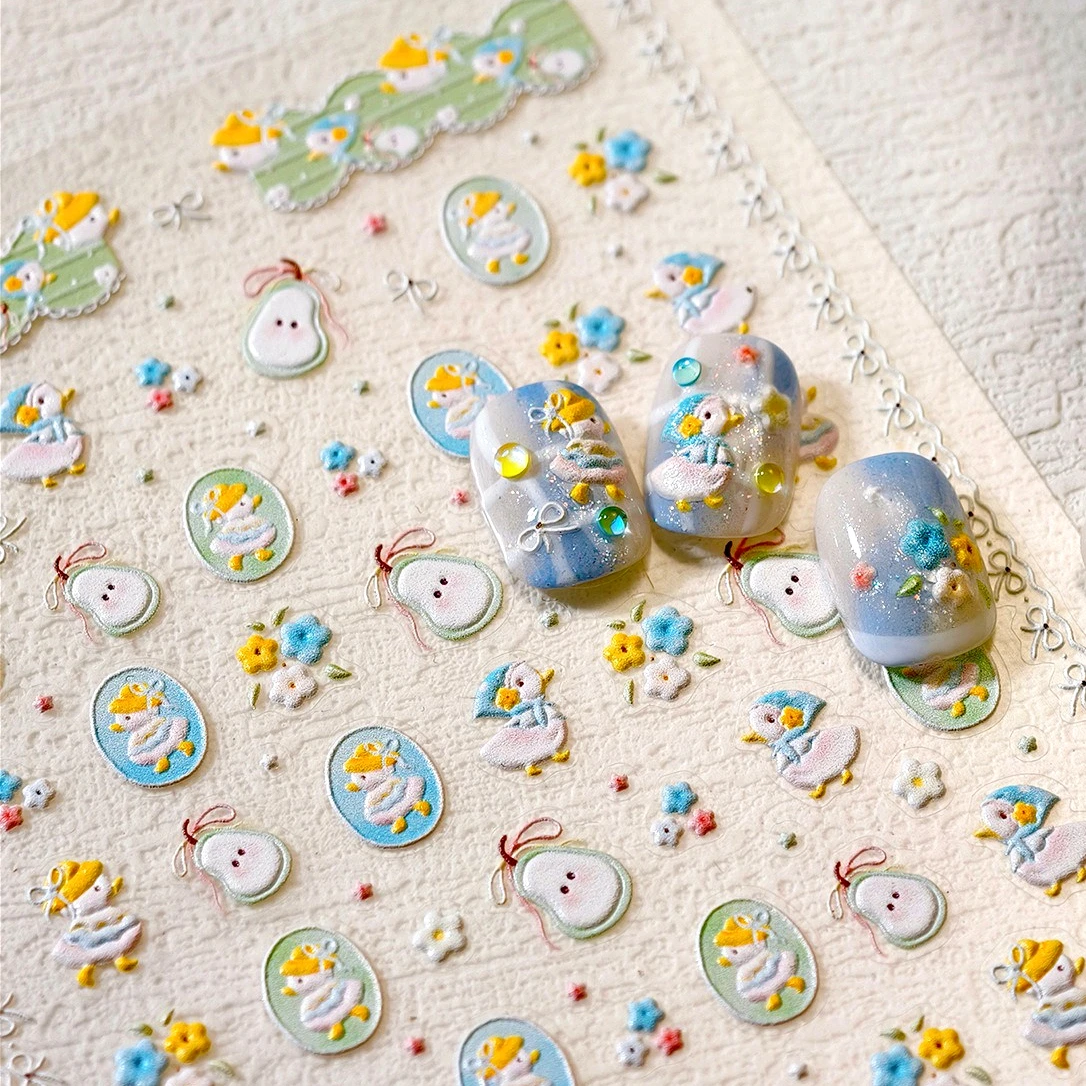 

Cute Duck Pear Bowknot Mini Flower Duckling Line Bow Photo Frame Seal Stamp Figure Self Adhesive Nail Art Sticker Manicure Decal