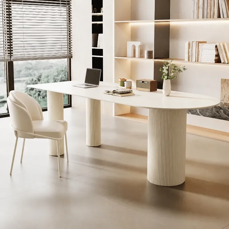 Modern Simple Rock Slab Desk Pure White Computer Table for Home Office Small Apartment Bedroom Study Furniture with Chair