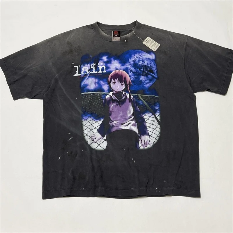 كارتون فتاة طباعة سانت مايكل قصيرة الأكمام الرجال النساء 1:1 أفضل نوعية الأسود غسلها خمر المتضخم تي شيرت