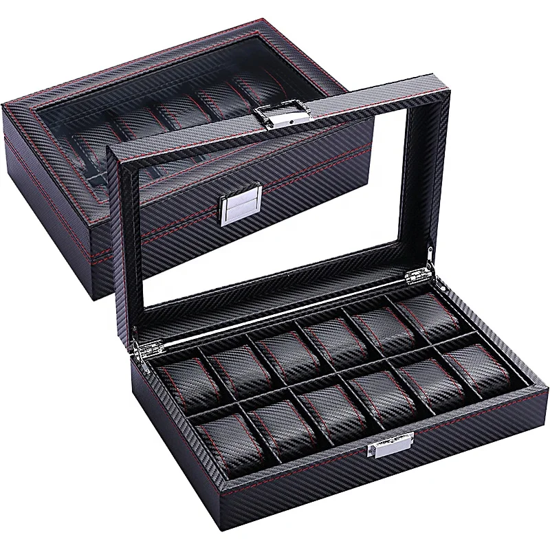 DELESYS 3/5/6/10/12 Slots Scratch-Proof  Carbon Fiber Leather Watch Box Carbonaceous Color Watch Storage Case With Clear Glass