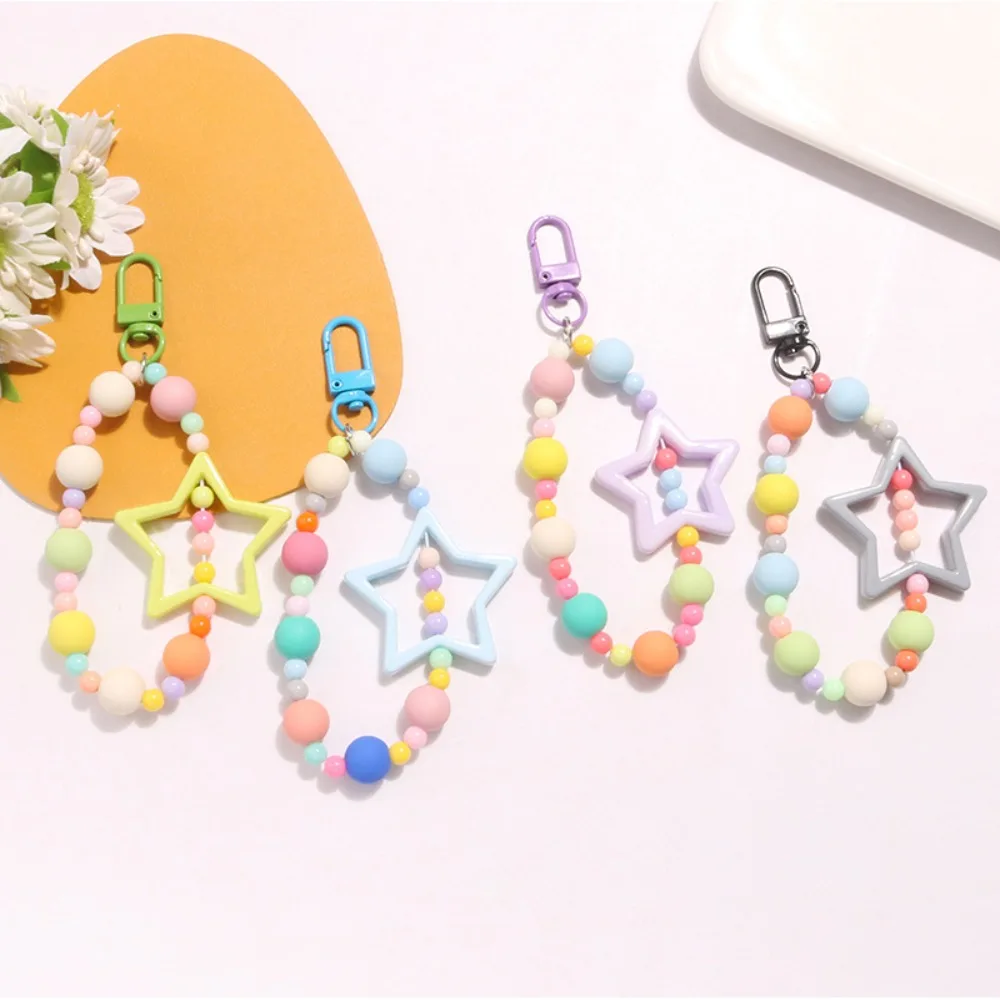 Hollow Star Colorful Phone Lanyard Keychain Heart Glitter Wrist Straps Cute Bow Colored Round Bead Headphone Case Decoration